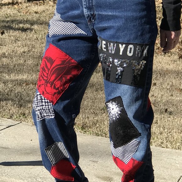 Patchwork Jeans for Women, Size 6: Upcycled New York Theme Sequined Denim Pants - Picture 4 of 11